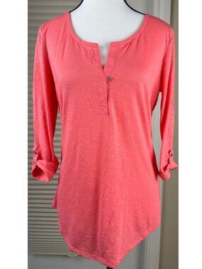 Women's Coral Henley Roll-Sleeve Top